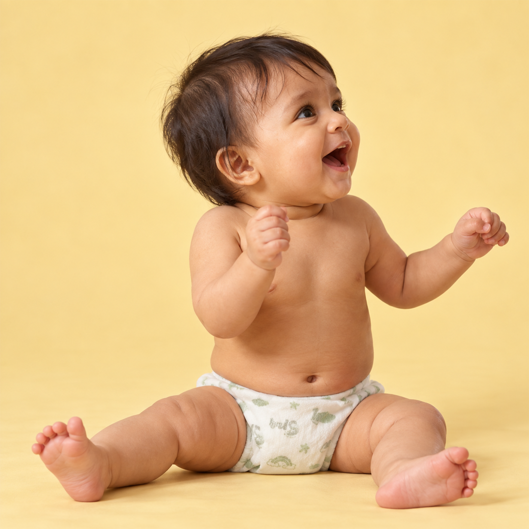 Baby sitting and laughing, wearing a Lumi9 diaper