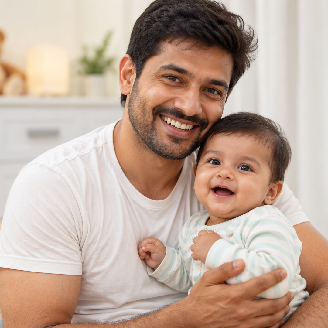 Father laughing while holding his baby