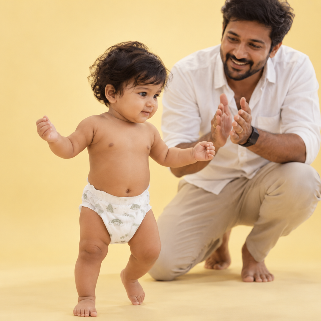 Father crouching and clapping as his baby takes first steps in a Lumi9 diaper